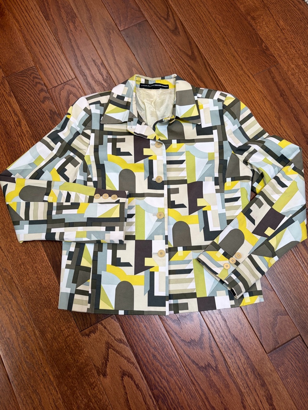Linda Allard Ellen Tracy Chartreuse Gray Mod Abstract Jacket Size 8